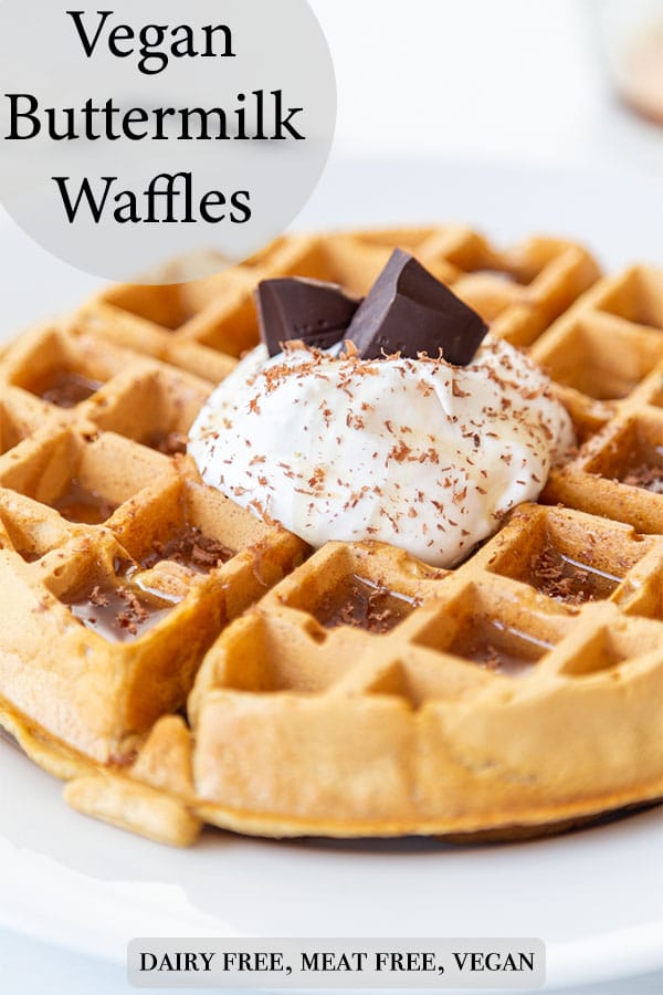 A Pinterest PIn for vegan buttermilk waffles with a picture of the waffle with whipped cream and chocolate on top.