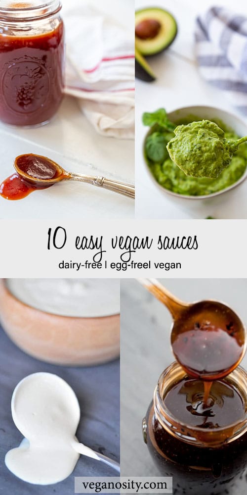 A Pinterest pin for vegan sauces with pictures of cheese sauce, teriyaki sauce, green sauce, and BBQ sauce.