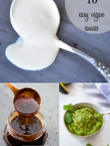A collage of sauces with three pictures of teriyaki sauce, green sauce, and white cheese sauce.