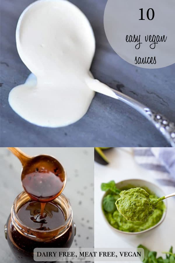 A collage of sauces with three pictures of teriyaki sauce, green sauce, and white cheese sauce.