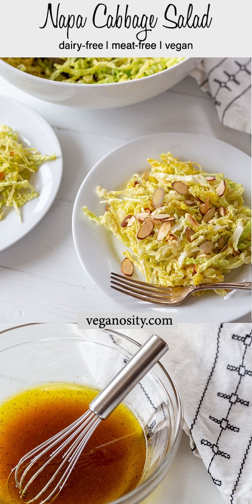 A Pinterest pin for Napa Cabbage Salad with a picture of a tablescape of white plates of salad, a glass bowl of the salad dressing, and a white bowl with salad. 