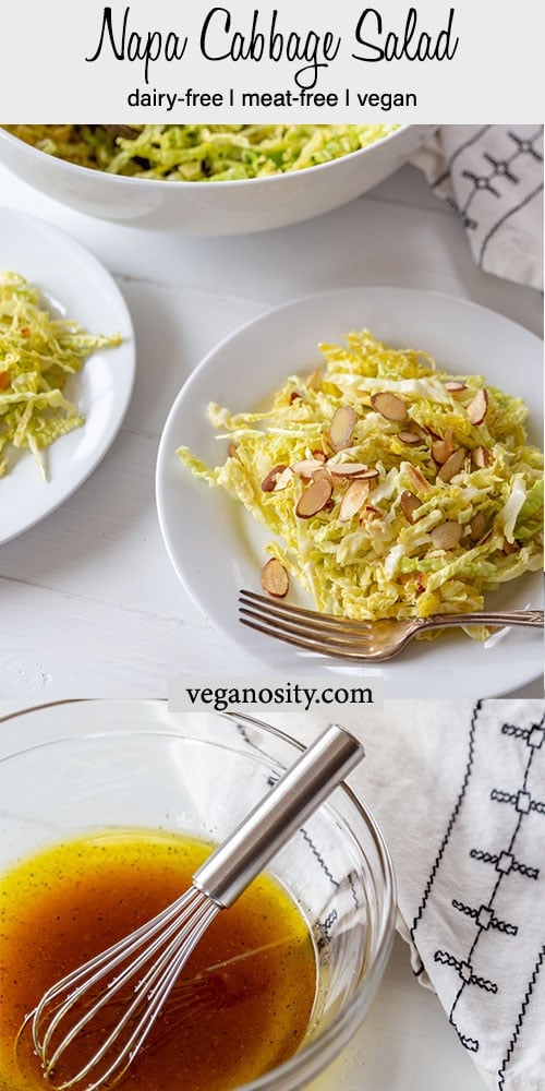 A Pinterest pin for Napa Cabbage Salad with a picture of a tablescape of white plates of salad, a glass bowl of the salad dressing, and a white bowl with salad. 