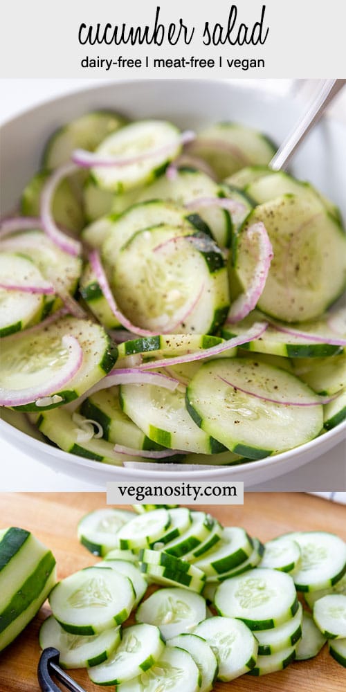 A Pinterest pin for cucumber salad with 2 pictures of the salad.