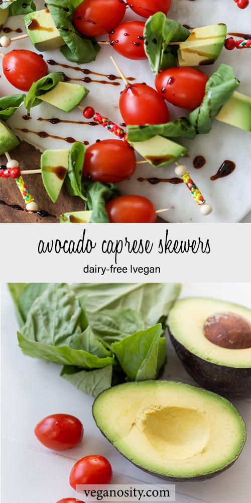 A Pinteres pin for vegan avocado caprese skewers with a picture of the ingredients and a picture of the finished skewers.