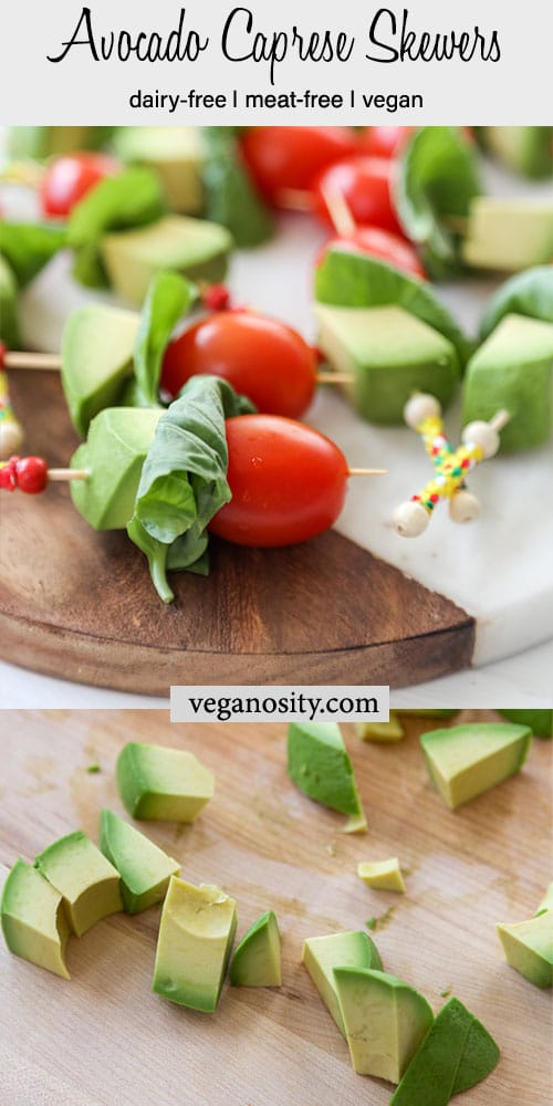 A PInterest pin for avocado caprese skewers with a picture of the skewers and a picture of cubed avocado.