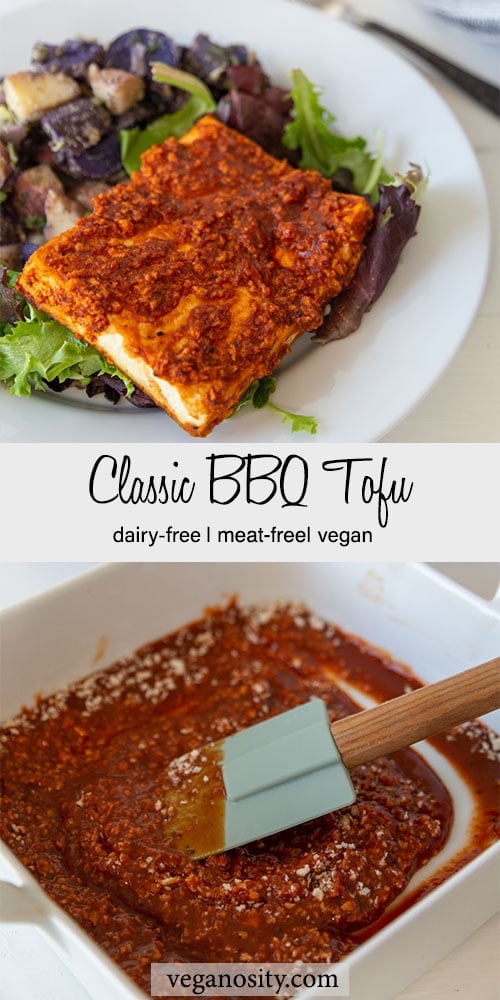 A Pinterest pin for bbq tofu with a picture of the tofu on a white plate with potato salad and a dish of the barbecue sauce. 