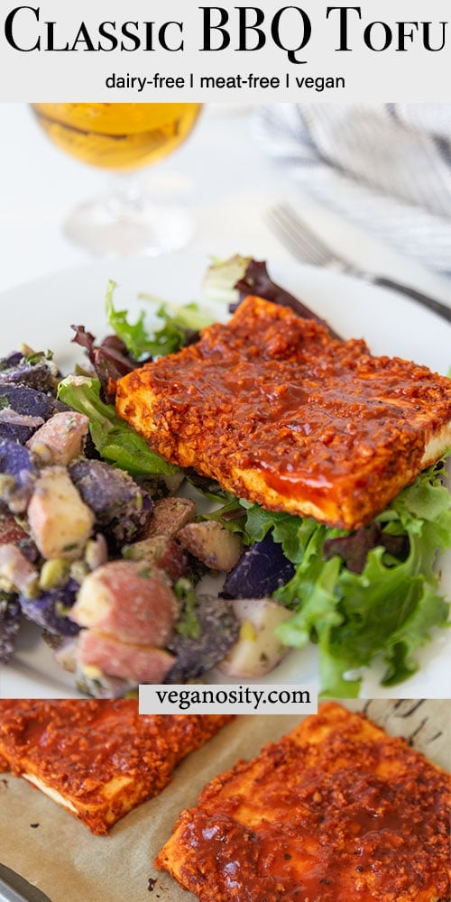 A PInterest pin for Crispy BBQ tofu with 2 pictures of the tofu in the pin.