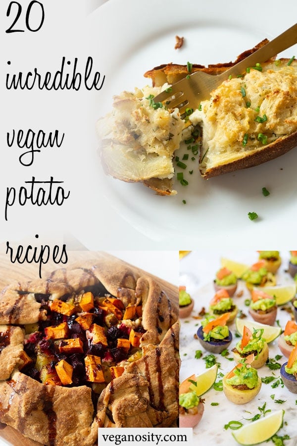 A Pinterest pin for 20 vegan potato recipes with a picture of a stuffed potato, a sweet potato galette, and potato cups.
