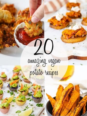 A Pinterest pin for 20 vegan potato recipes with pictures of potato recipes.