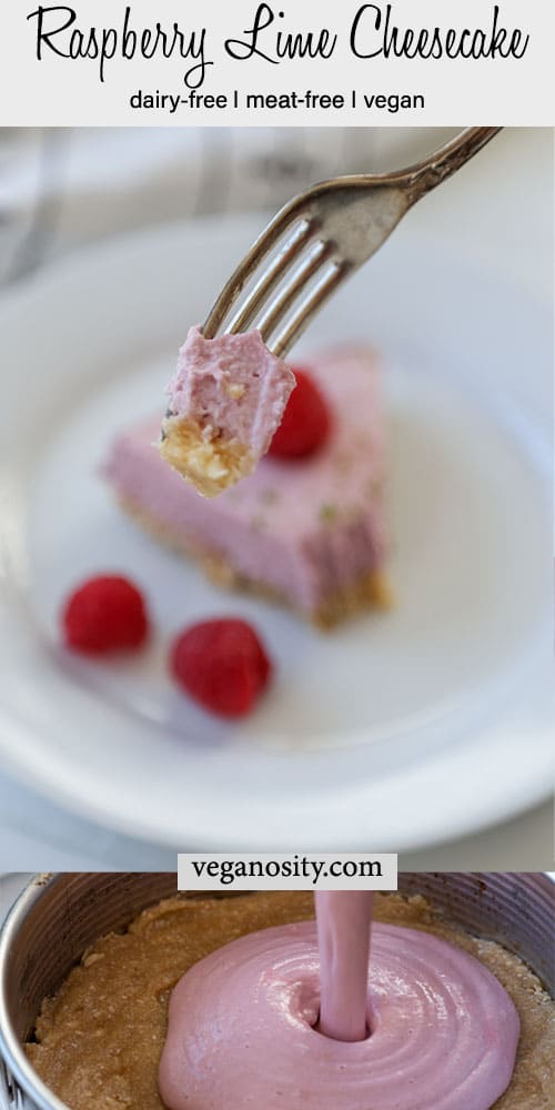 A Pinterest pin for raspberry lime cheesecake with a silver fork holding a piece of the cake and a slice of it on a white plate. 
