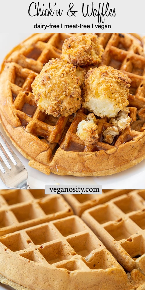 A PInterest pin for vegan chicken & waffles with a picture of a Belgian waffle and cauliflower chicken on top.
