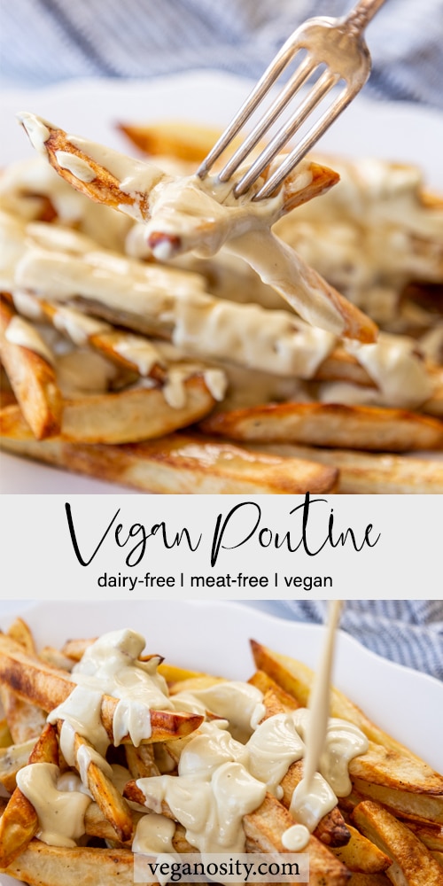A Pinterest pin for vegan poutine with a picture of a silver fork digging into the platter of poutine and a picture of the cheesy fries close up.