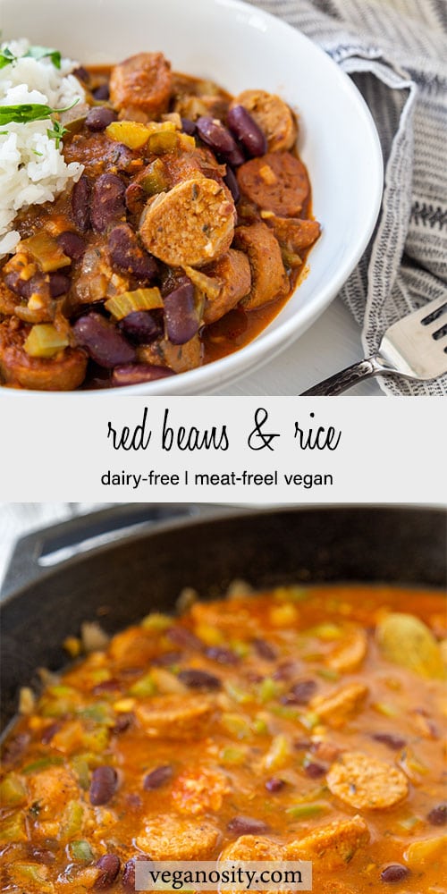 A Pinterest pin for vegan red beans and rice with a picture of the beans and sausage cooking in an iron skillet and a picture of the recipe with rice in a white bowl.