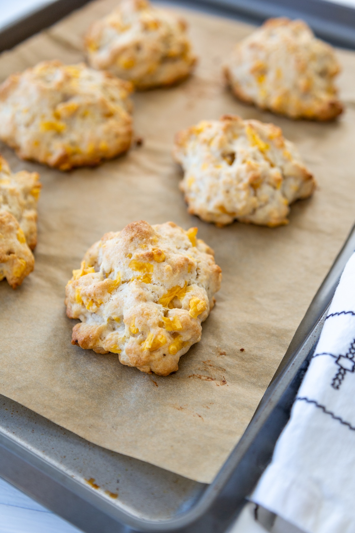 6 cheddar biscuits on a parchment lined baking sheet.