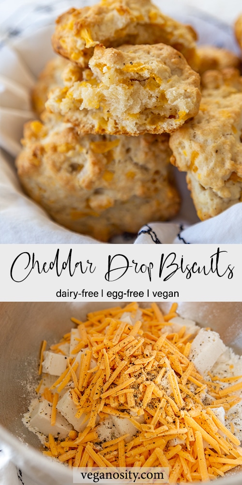 A Pinterest pin for vegan cheddar drop biscuits with a picture of the baked biscuits in a basket and a picture of the ingredients in a bowl.