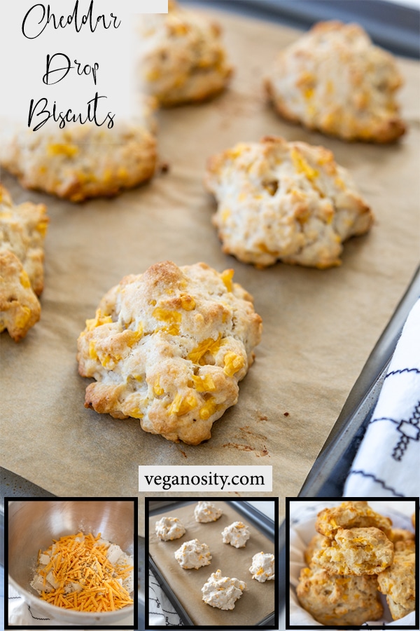 A Pinterest pin for vegan cheddar drop biscuits with a picture of the baked biscuits on a baking sheet and 3 process shots of the mix, the raw biscuits, and the inside of the baked biscuit.