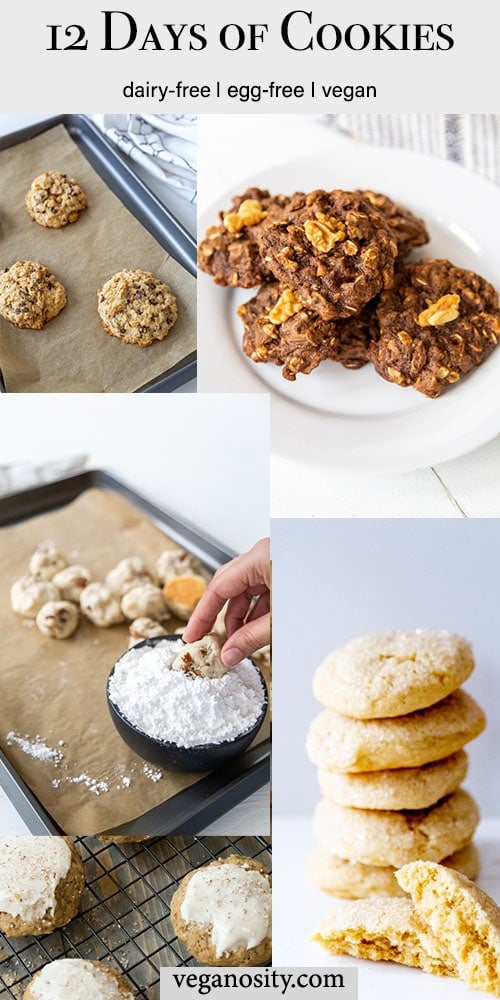 A Pinterest pin for 12 vegan cookies roundup with 4 pictures of different kinds of cookies.