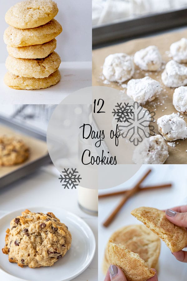 A collage of the 12 days of vegan cookies, with pictures of various kinds of cookies.