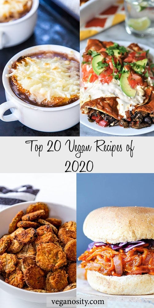 A Pinterest pin for vegan comfort food with a collage of 4 vegan recipes.