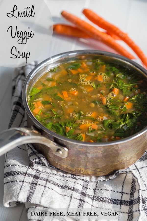 A Pinterest pin with a copper pot of lentil and veggie soup and carrots in the background.