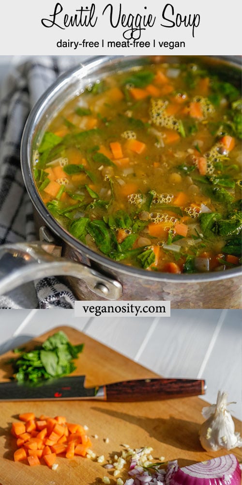 A PInterest pin for lentil veggie soup with a picture of a copper pot with the soup and a cutting board with diced vegetables next to it.
