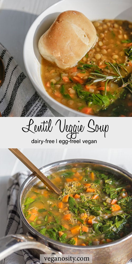 A PInterest pin for lentil veggie soup with a picture of the soup in a bowl with bread and a pot of soup.