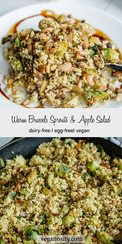 A Pinterest pin for warm Brussels Sprouts and Apple Salad with 2 pictures of the salad. One with the salad on a round white plate and one with the salad in an iron skillet.