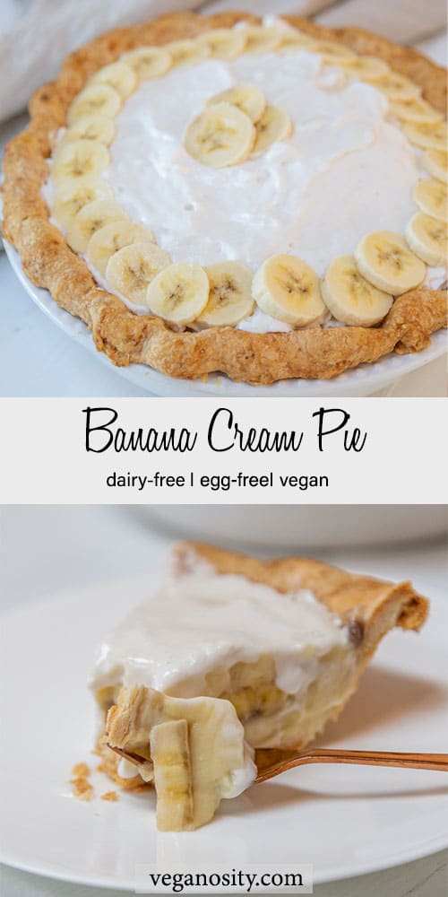 A PInterest pin for vegan banana cream pie with a picture of the whole pie and a slice of the pie with a piece of it on a copper fork.