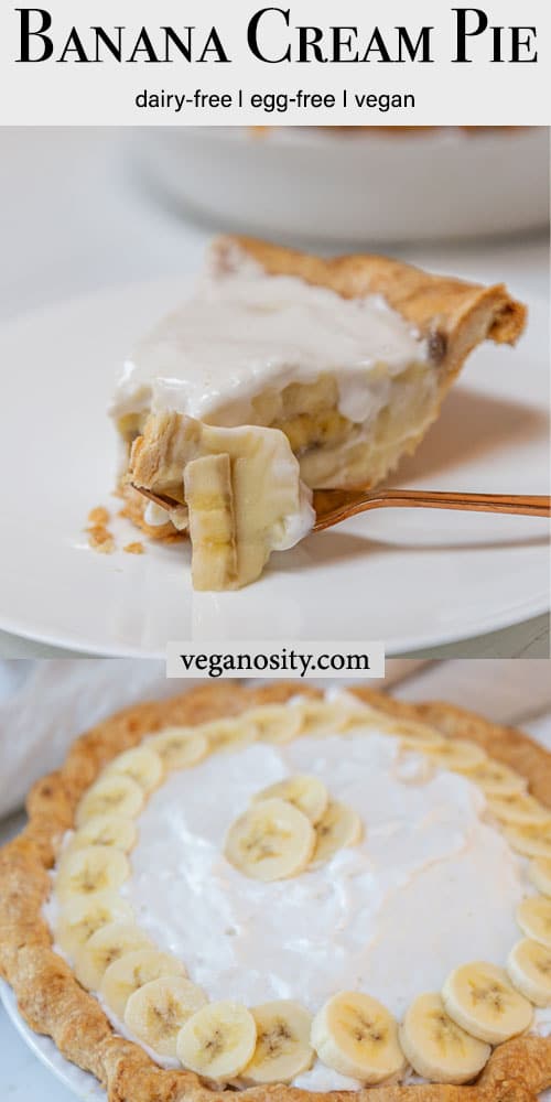 A Pinteres pin for vegan banana cream pie with a picture of the whole pie and a slice of the pie.