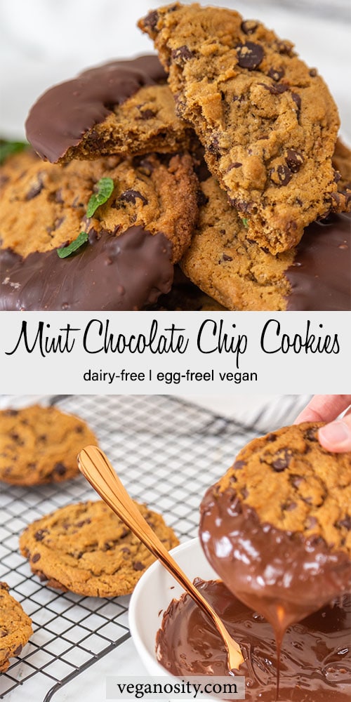 A Pinterest pin for vegan mint chocolate chip cookies with a picture of a stack of the cookies and a picture of a cookie being dipped in melted chocolate.