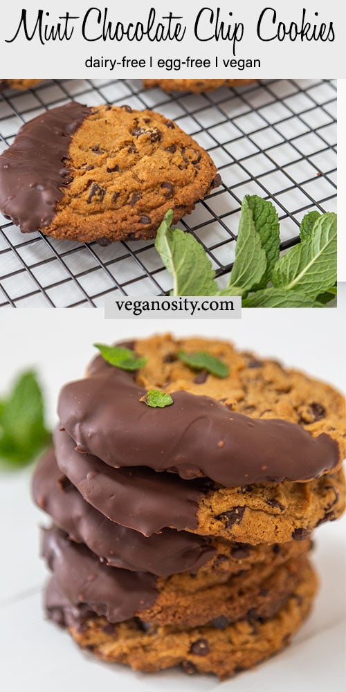 A Pinterest pin for chocolate chip mint cookies with a picture of a stack of cookies and a cookie dipped in melted chocolate on a cooling rack.