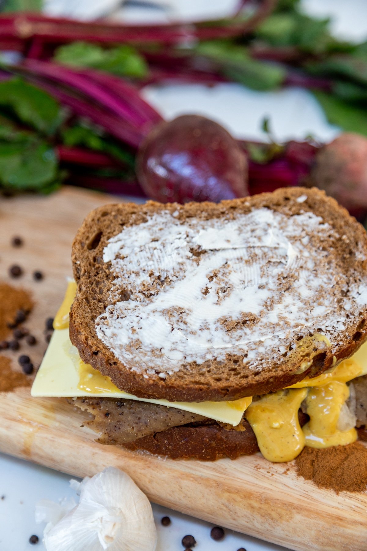 A Reuben sandwich before it's grilled.