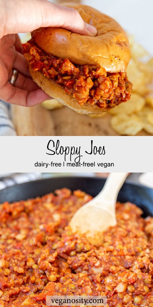 A Pinterest pin for vegan sloppy Joes with a picture of a hand holding a sloppy Joe sandwich and a skillet of the sloppy Joes being stirred with a wooden spoon.
