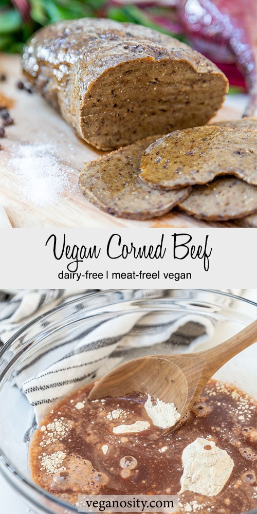 A Pinterest pin for vegan corned beef with a picture of the roast sliced and a bowl of the ingredients.