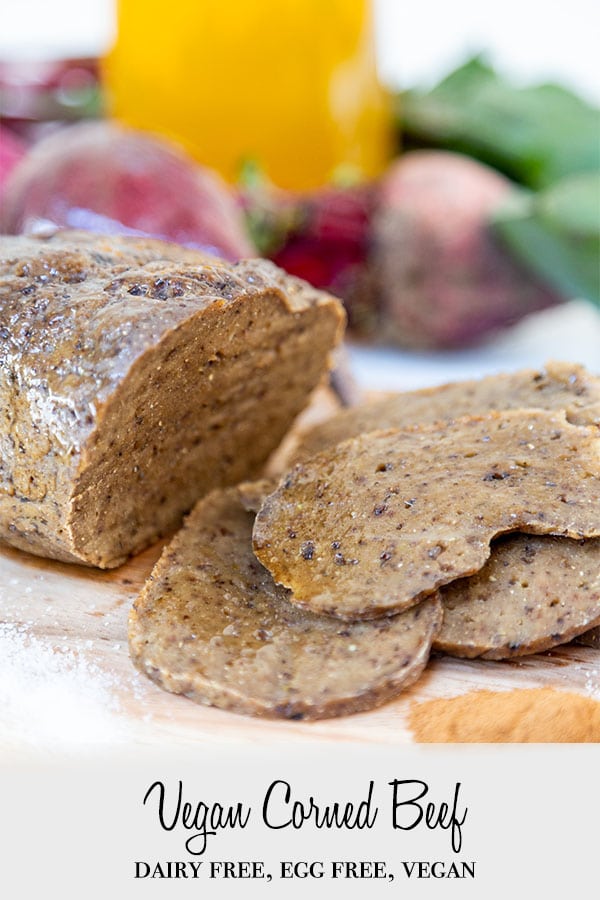 A Pinterest pin for vegan corned beef with a picture of a sliced roast.