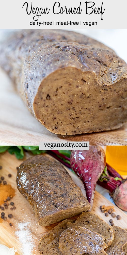 A Pinterest pin for vegan corned beef with a picture of the roast and a picture of a sliced roast.