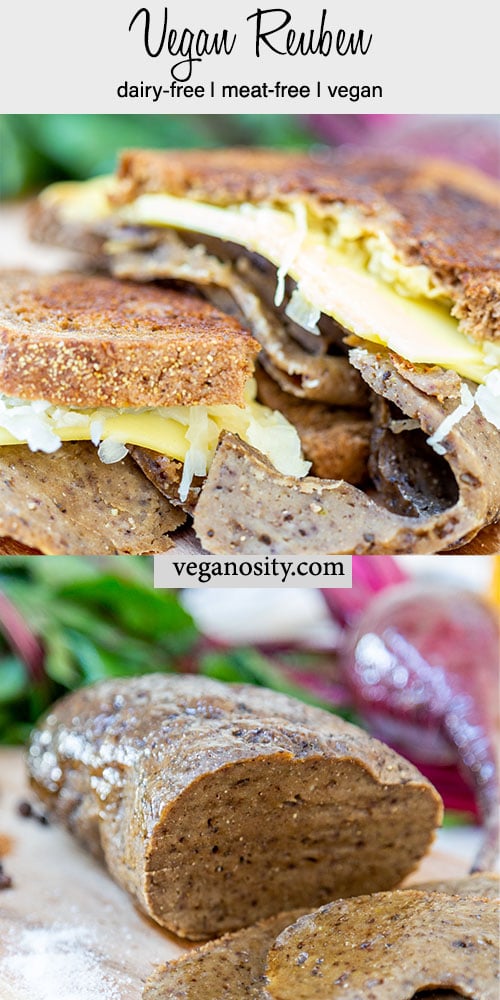 A Pinterest pin for a vegan Reuben with a picture of the sandwich and a picture of a corned beef roast.