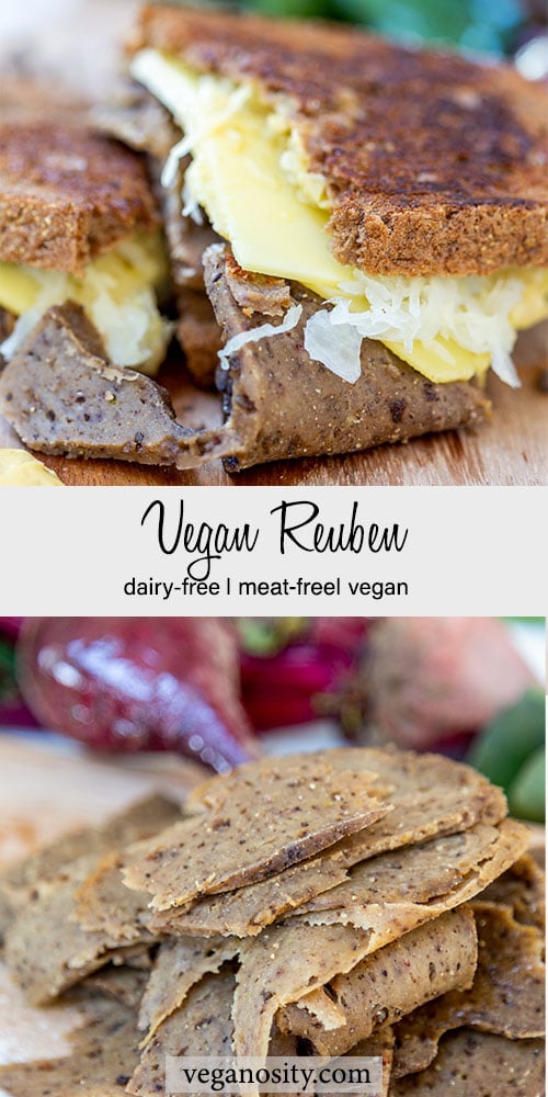 A Pinterest pin for a vegan Reuben with a picture of the sandwich and a picture of the seitan corned beef.