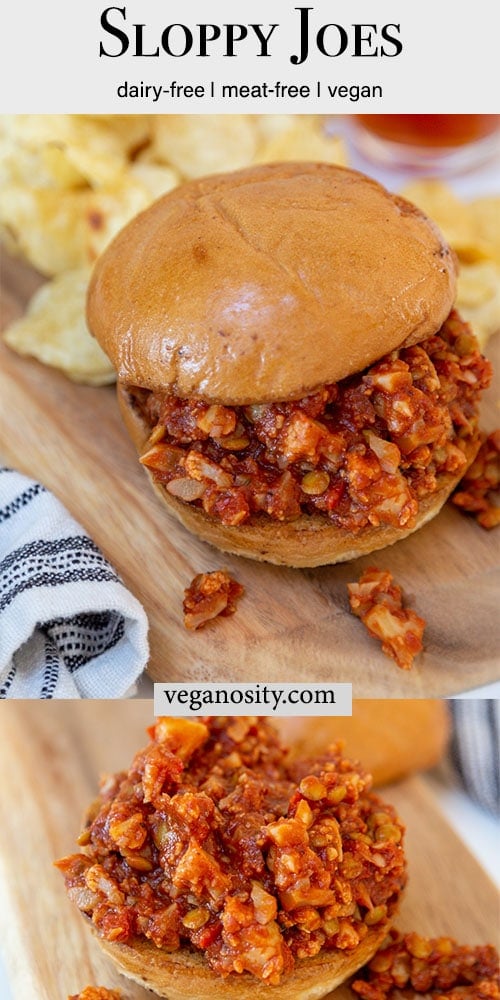 A Pinterest pin for vegan sloppy Joes with a picture of a sloppy Joe sandwich and an open faced sandwich.