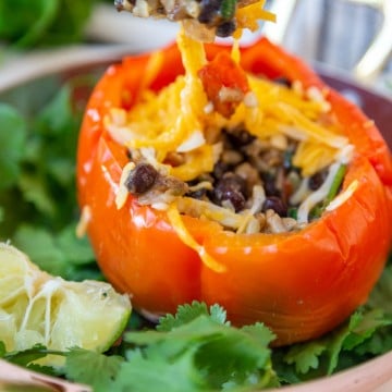 A fork with the filling from a red stuffed pepper being held over a stuffed pepper.
