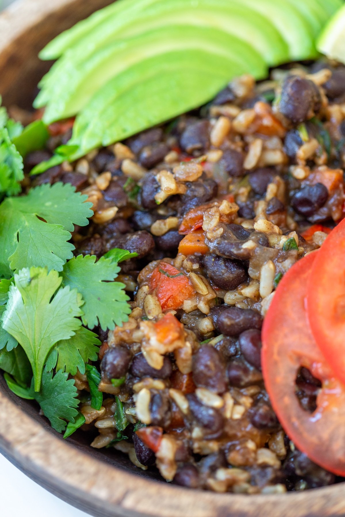 A close up picture of black beans, rice, and vegetables with slices of tomatoes and avocado and fresh cilantro leaves.