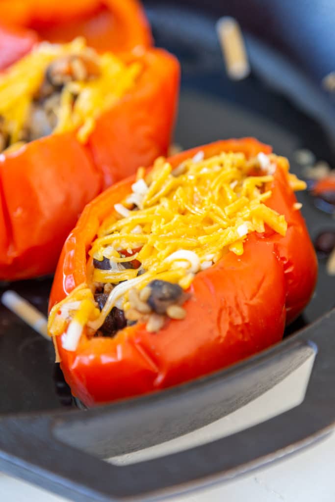2 stuffed red bell peppers with melted cheddar cheese on top.