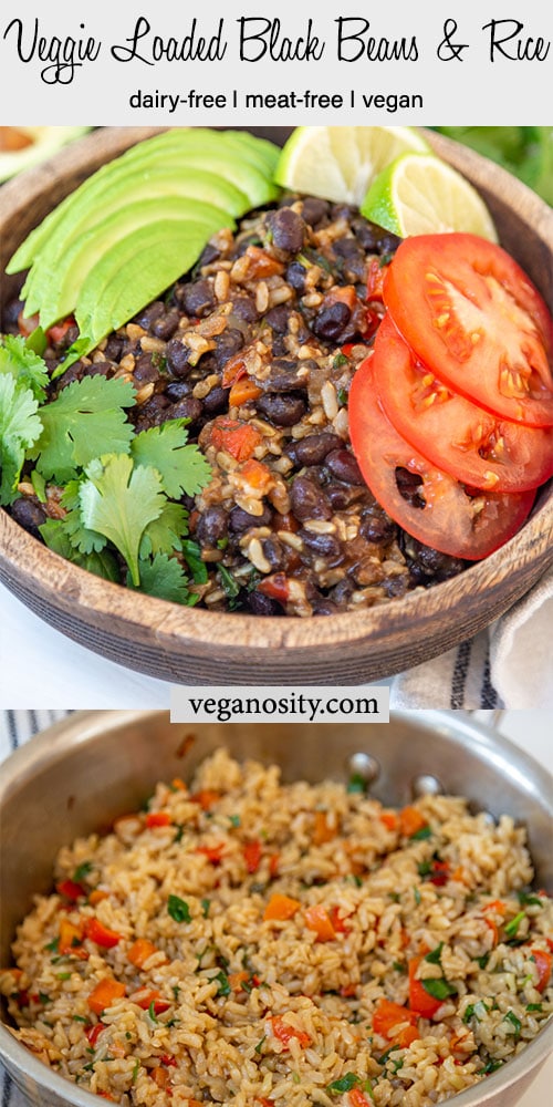 A Pinterest pin for black beans and rice with a picture of the recipe in a pan and one of it in a wooden bowl with avocado and tomato slices.