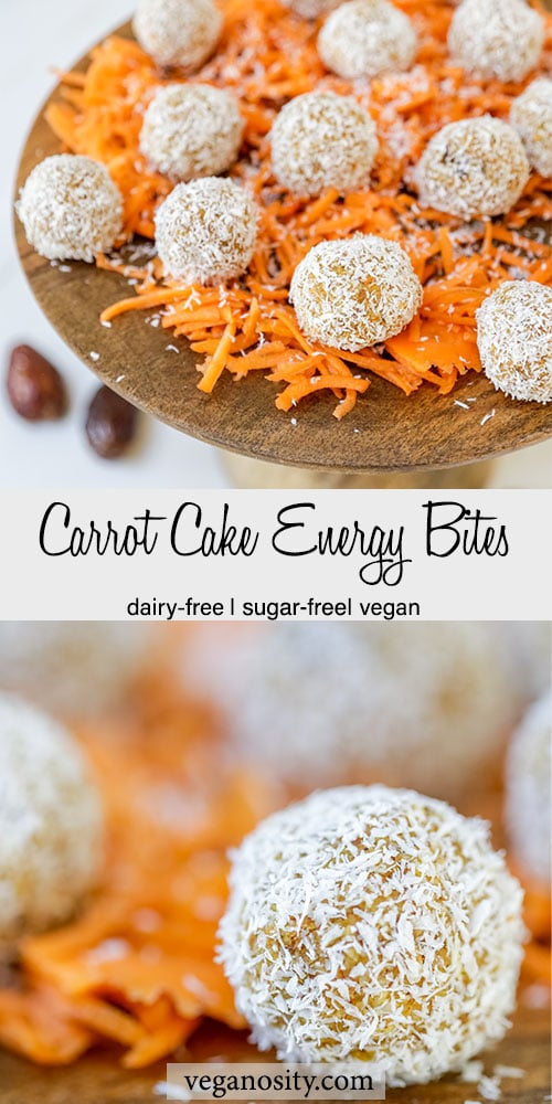 A Pinterest pin for carrot cake energy bites with a picture of the bite rolled in coconut and a platter of the bites on a bed of shredded carrots.