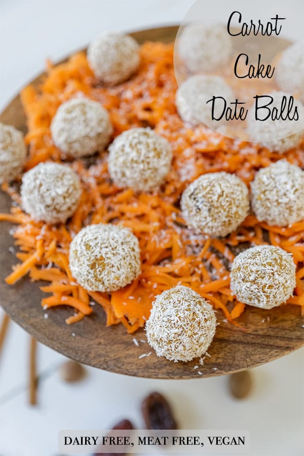 A Pinterest pin for carrot cake bites with a picture of the bites on a layer of shredded carrots on a wood cake stand.