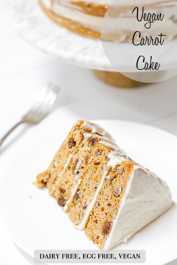 A PInterest pin for vegan carrot cake with a picture of a slice of the cake on a white plate.