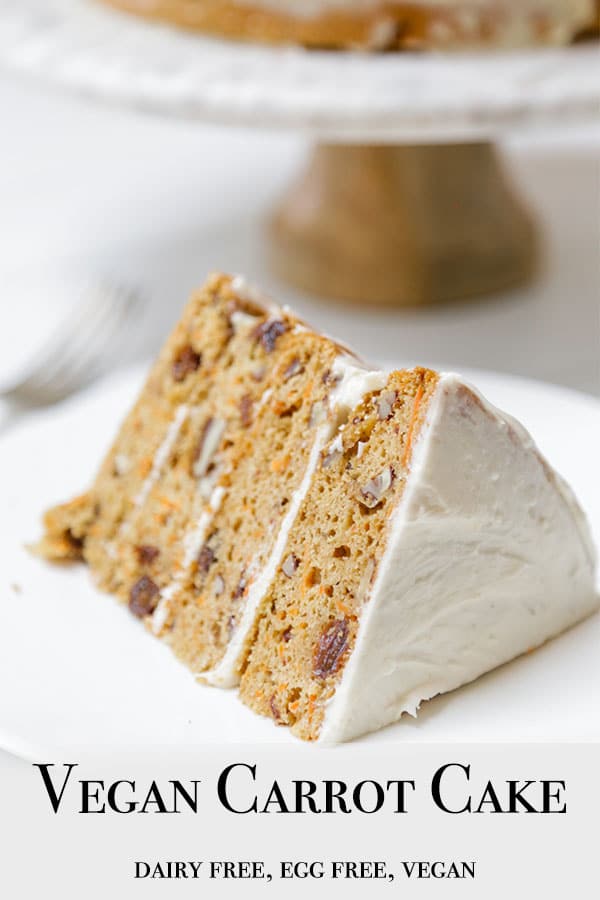 A PInterest pin for vegan carrot cake with a picture of a slice of the cake on a white plate.