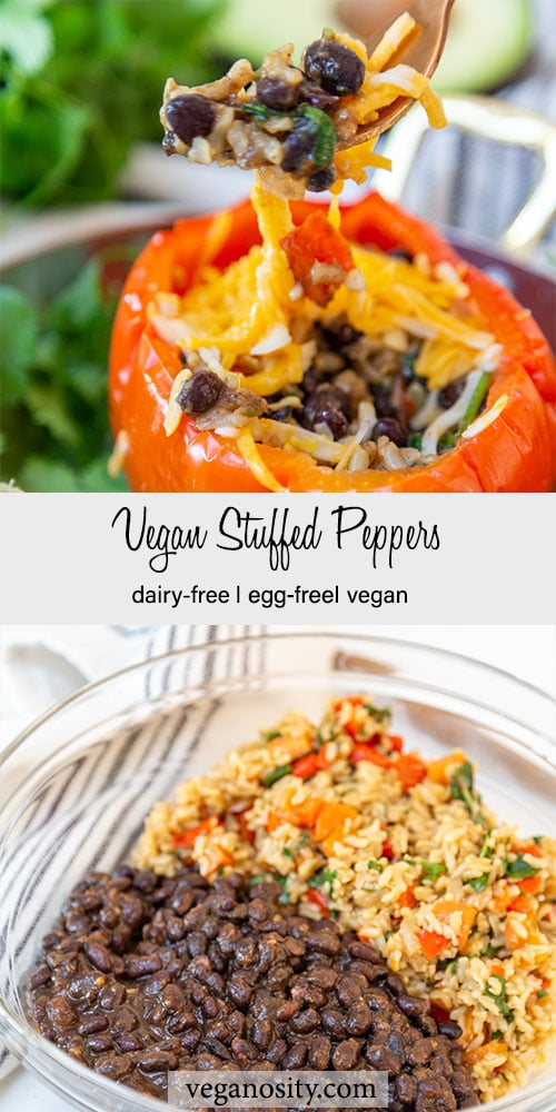 A Pinterest pin for vegan stuffed peppers with a picture of the stuffed pepper and a picture of a bowl of the filling.