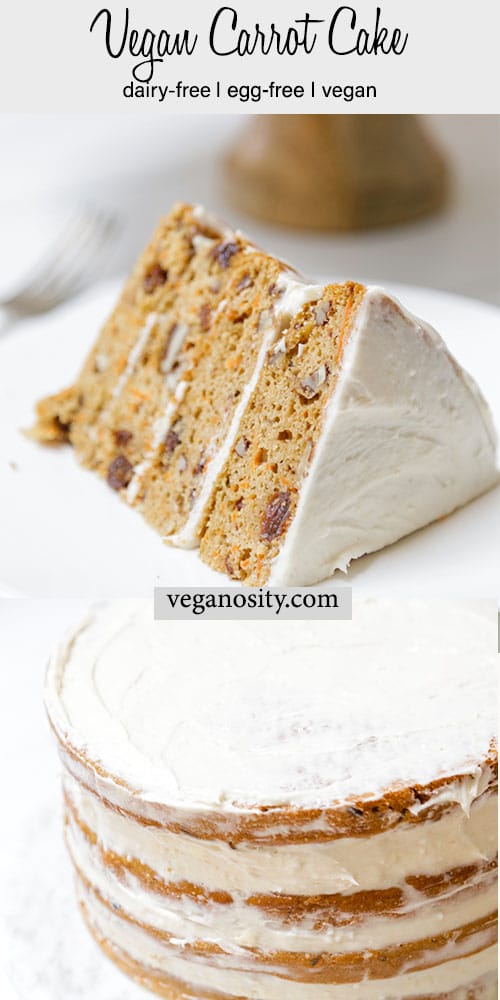 A Pinterest pin for vegan carrot cake with a picture of the whole cake and a slice of cake.