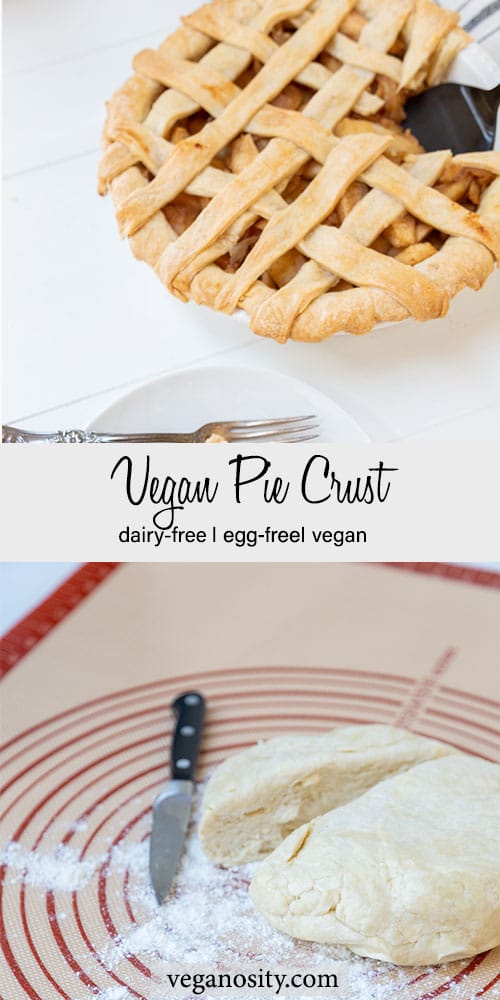 A PInterest pin for vegan pie crust with a picture of an apple pie with a lattice top and a disc of pie dough on a floured silicone mat.